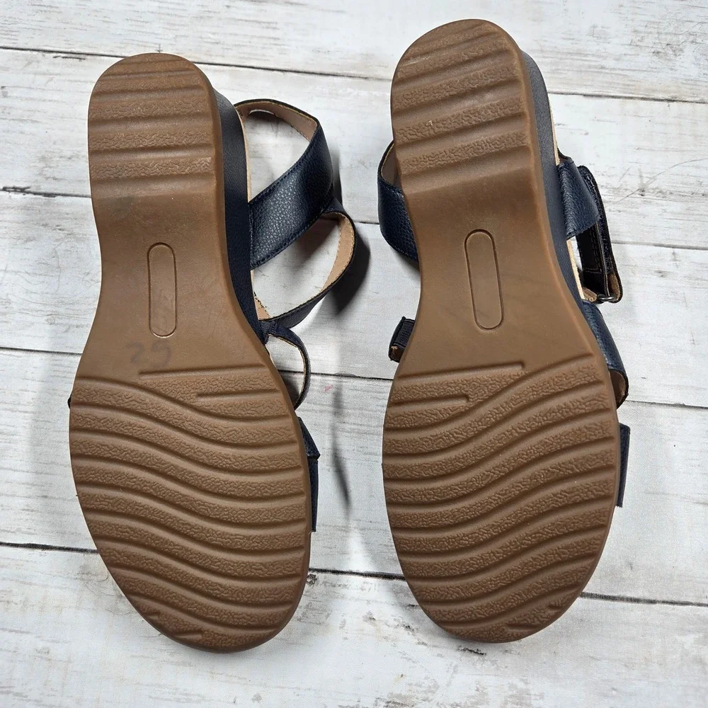 Baretraps Kyann Wedge Sandal Womens 10W Navy Blue Strappy Comfort‎ Slingback Low